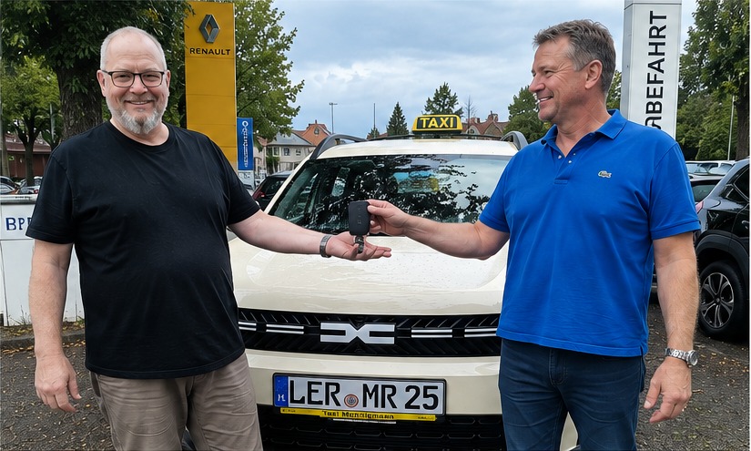 Schlüsselübergabe vor dem Dacia Bigster Taxi