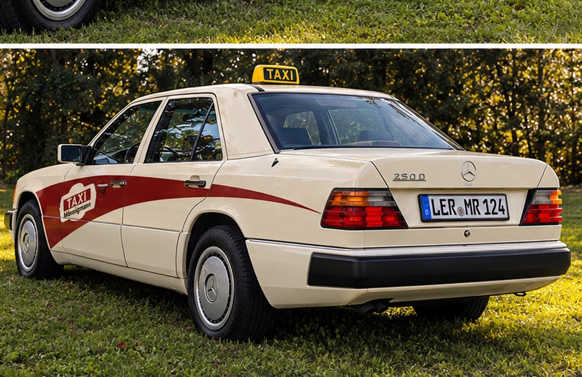 Mercedes W 124 in Seiten- und Heckansicht mit vorgeschlagenem Taxi-Design